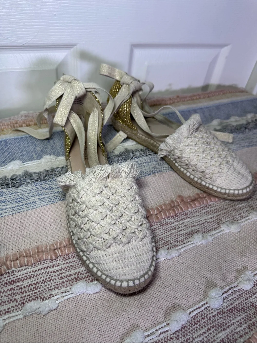 Free People Vida Ivory Woven Lurex Lace-Up Flatform Espadrilles